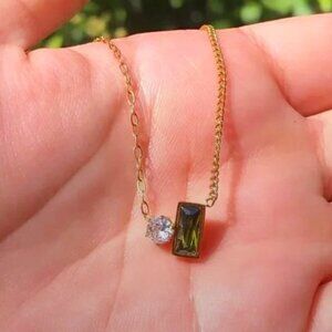 18K Gold Plated olive green & Diamond necklace